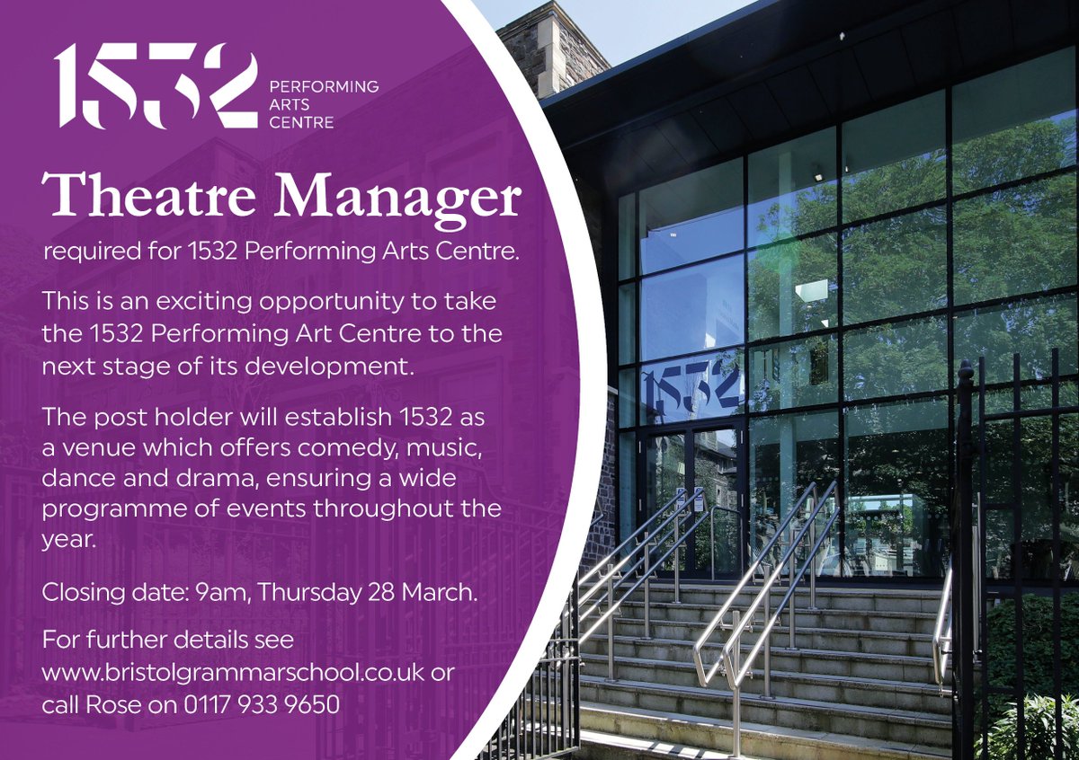 BGSBristol's tweet photo. We're recruiting! 1532 is looking for a Theatre Manager. Closing date for applications is 9am, Thursday 28 March. Full details online at https://t.co/4L0gRCX1Kl…/1532-theatre-manag… #theatrejobs #jobvacancy #bristoljobs https://t.co/WbnViyiCOO