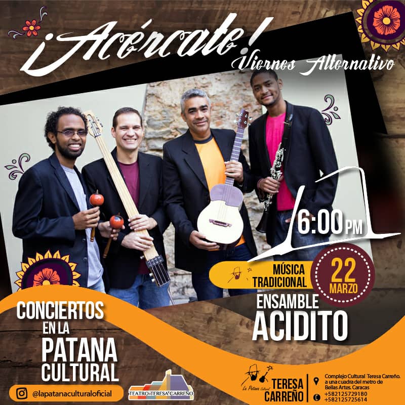 ¡Es #HOY! ¿Te lo vas a perder? A partir de las 6:30PM nos vemos en #LaPatanaCultural del <a href="/teresacarreno/">Teatro Teresa Carreño</a>. ¡Acercarte, te esperamos! #músicaenvivo #concierto #lapatana #músicatradicional #hoyquehay #teresacarreño #22mar #viernes #vie22 #ensambleacidito #ensambles #buenviernes