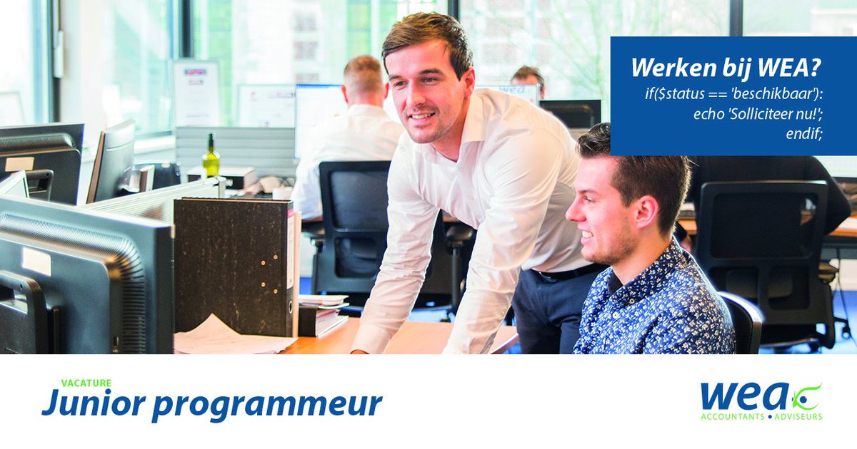 WEAZuidwest's tweet photo. Wij zijn op zoek naar een junior programmeur. Ben jij beschikbaar? Kijk dan hier voor de vacature en solliciteer! https://t.co/dF7lIt1KOQ
#programmeur #softwareontwikkelaar #accountant #programmeren #vacatures https://t.co/sRlESUStbh