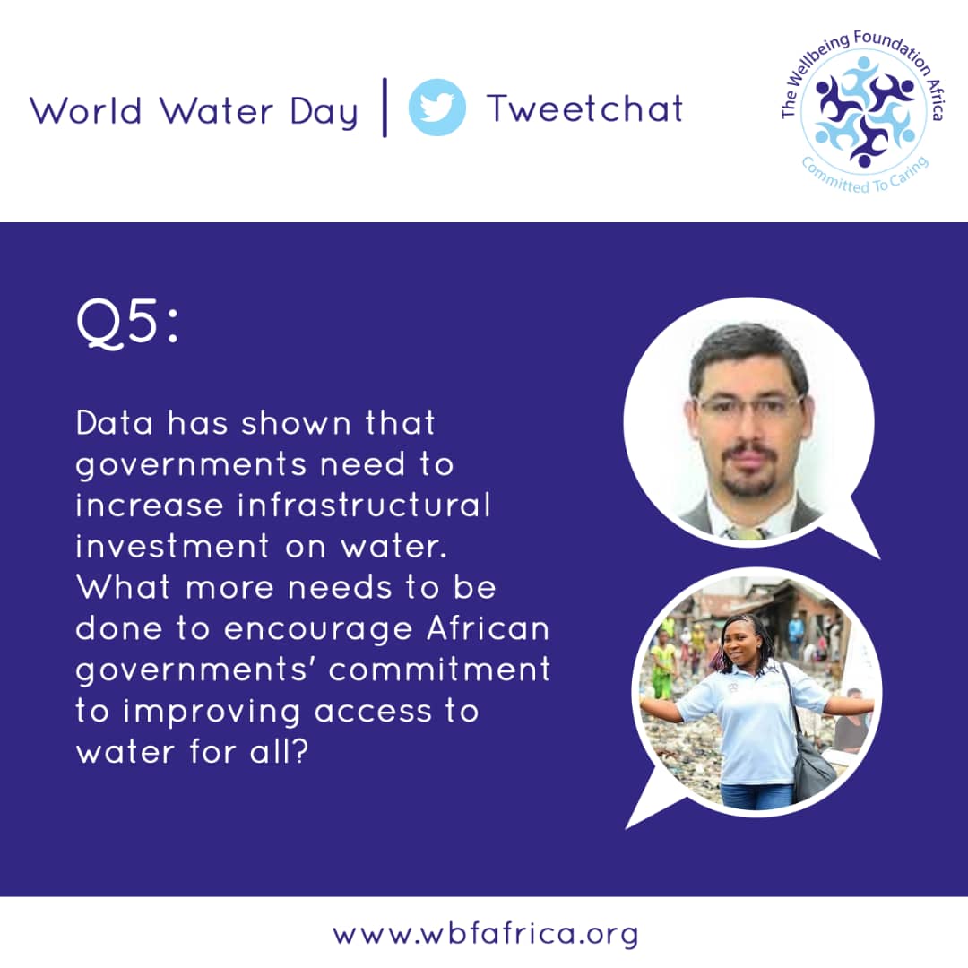 wellbeingafrica's tweet photo. Q5: Data has shown that governments need to increase infrastructural investment on water. What more needs to be done to encourage African governments' commitment to improving access to water for all? @landre99b @insighteunice
#WorldWaterDay #WWD2019 #WBFAChat
@ToyinSaraki https://t.co/d9qzQ2QBl8