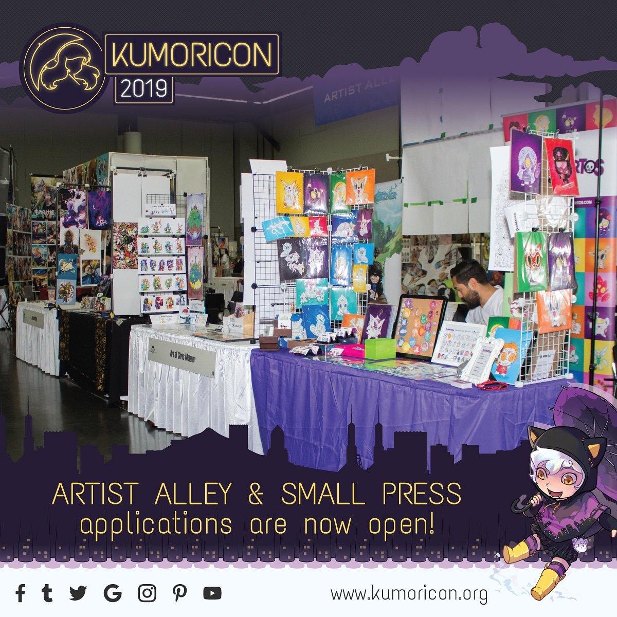 kumoricon's tweet photo. Good morning #Kumofam! We're so excited that it's Friday and we get to announce that Artist Alley and Small Press applications are now open! #kumoricon2019 https://t.co/H1yY3Scmnz https://t.co/onqimhmJta