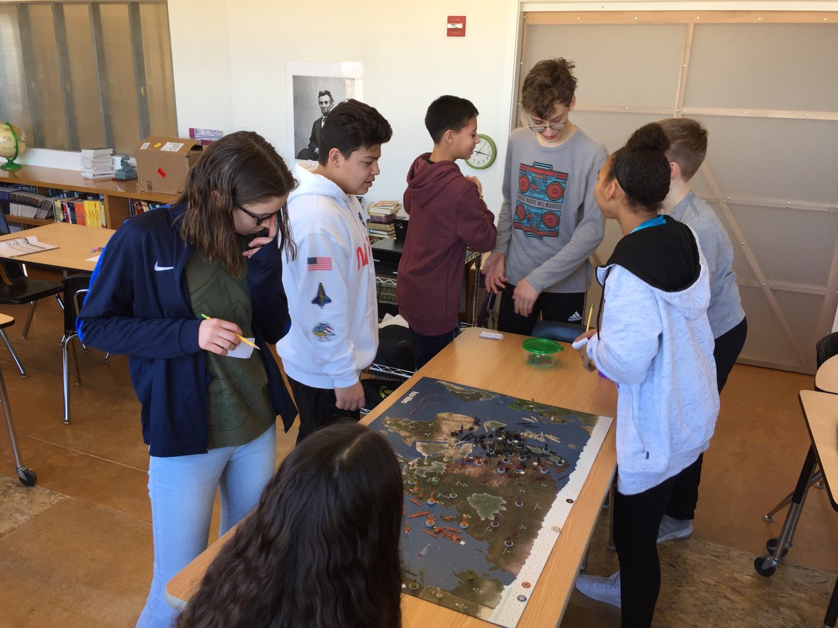 mkemontessori's tweet photo. Our Junior High students are having a blast playing @axis_and_allies this morning! In this game, they were learning how to strategize as different countries during World War II. What a great way to learn about history! #MilwaukeeMontessoriSchool #AxisAndAllies #GamesHelpLearning https://t.co/i7EWJrFP4v