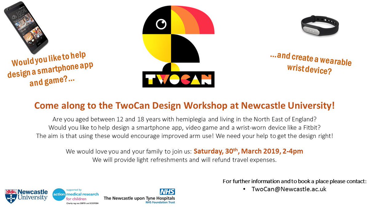 TwoCanProject's tweet image. We are still looking for young people in the North East with #hemiplegia to participate in our design workshops @UniofNewcastle @OpenLab_Ncl  on 30th March! Come and help us design an #app and a wrist-worn device that is as fun and helpful as possible! #research #newcastle