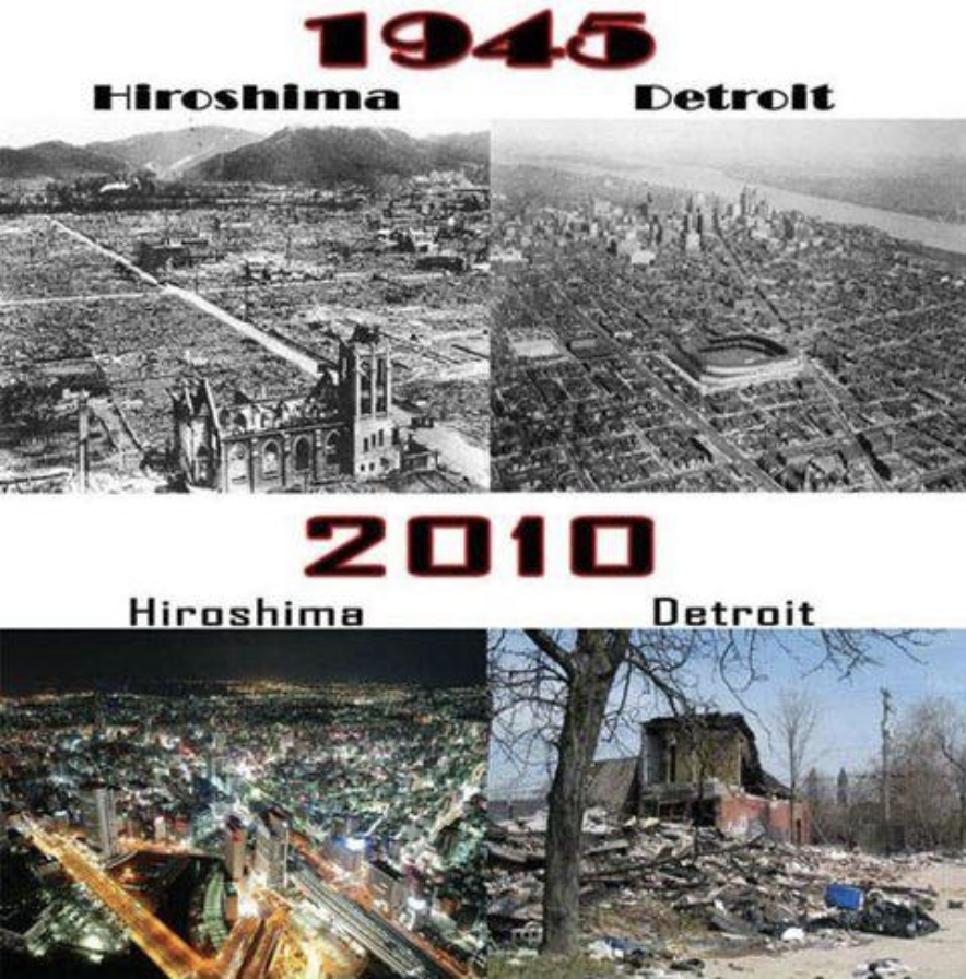 EM203EHartt's tweet photo. This picture shows both Detroit, MI, and Hiroshima, just after Hiroshima was attack by the United States in 1945. On the bottom, it shows the same two places 65 years later. This goes to show that there are a lot of factors that lead to economic growth for a specific region. https://t.co/xUUjy10JmE