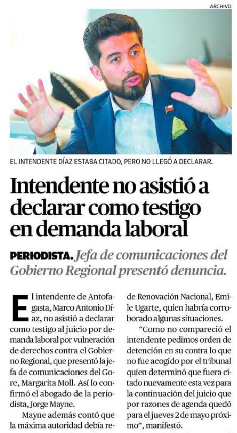Piden orden de detención de Intendente de #Antofagasta en caso de demanda laboral.
<a href="/RodriguezMarcoA/">Marco Rodríguez</a> <a href="/Izquierda_Tuit/">Izquierda Tuitera #EnContra</a> <a href="/Piureman/">Yo❤️🐧Pingüino de Humboldt & 🐸 Ranita de Darwin</a> <a href="/MVMNews/">good looking flaite Chadwick</a> <a href="/Jacquel49441630/">Jacqueline Barraza</a>