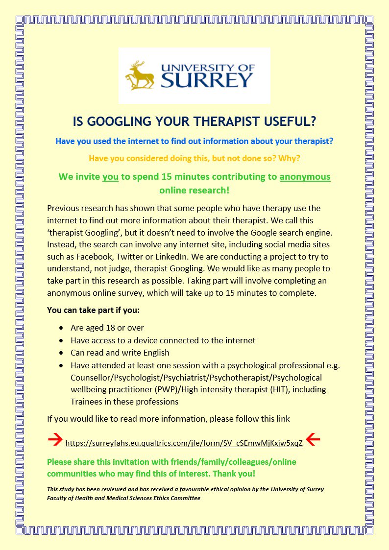 TherapistGoogle's tweet photo. Is Googling your therapist useful? Find out more about our therapy research here: https://t.co/D2liVAgF6R #wellbeing #mentalhealth #livedexperience #therapy #talkingtherapy #therapeuticrelationship #transference #countertransference #counselling #psychology https://t.co/KwU7JChdib