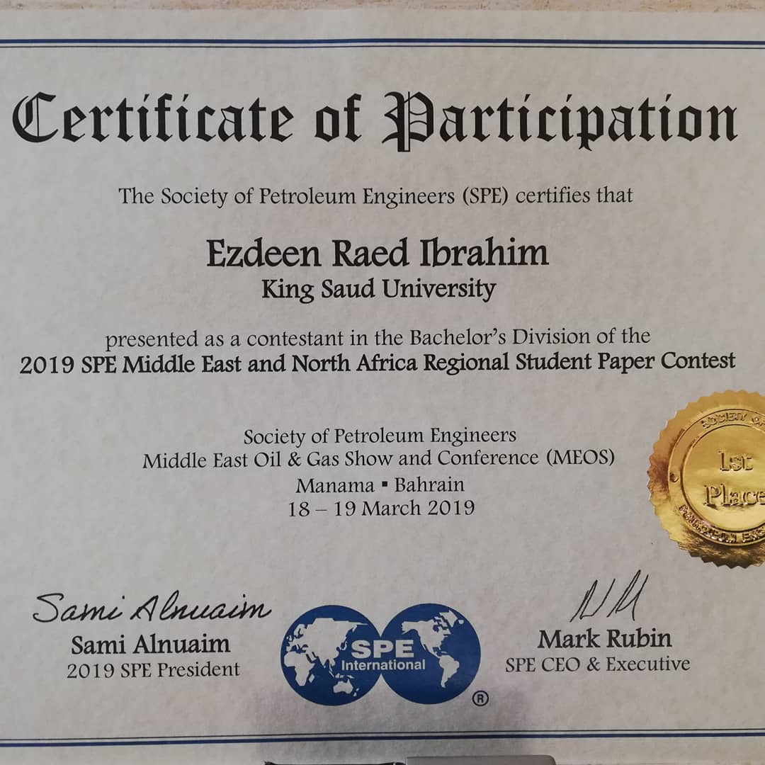 SPE_KSU's tweet photo. SPE-KSU congratulates the vice president of the student chapter Ezdeen Ibrahim on winning first place in the bachelor's division of the Regional Student Paper Contest that took place during MEOS 2019 in Manama, Bahrain.

#MEOS #MEOS2019 @SPEtweets @spe_ksa @_KSU @Saudi_Aramco https://t.co/bYKl99rpwZ