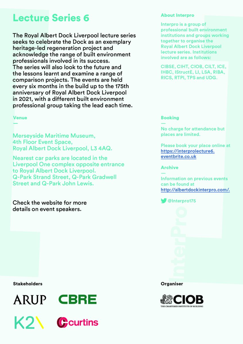 <a href="/Interpro175/">Interpro175</a> Lecture 6 at @MerseyMaritime is now just six days away. The event chaired by <a href="/CurtinsConsult/">Curtins</a> director Andy McFarlane, will include discussion about <a href="/theAlbertDock/">Royal Albert Dock Liverpool</a>, with <a href="/GrindrodSue/">sue grindrod</a>, @CIOBNovus member Jack Bennion, Peter Connell &amp; <a href="/LJMU/">Liverpool John Moores University</a> students on the panel 🗣