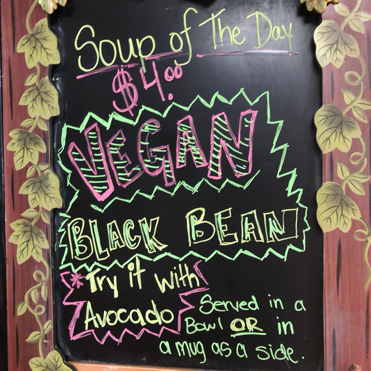 HangingCafe's tweet photo. Vegan Black Bean soup for today!!! #soupoftheday #vegan #blackbeans add fresh Avocado for $1.50! This soup is also available as a side for any sandwich!! Get your vegan on!!!! https://t.co/8R67GuLgHm