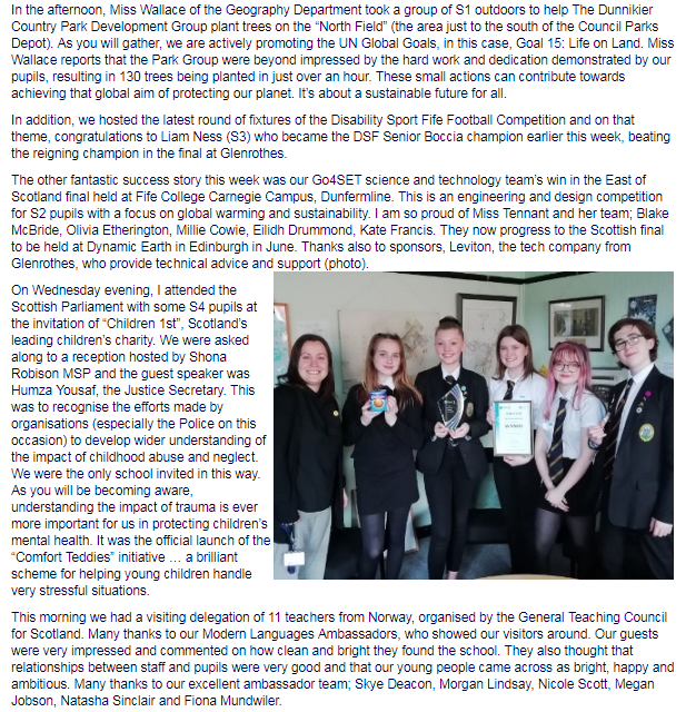 KirkcaldyHigh's tweet photo. Dear Parent/Carer/Innocent Bystander ... Please find attached the weekly bulletin from Kirkcaldy High School. This appears on our website https://t.co/lD1u6rbUzl as "The Rector's Log", and is emailed home weekly. Do have a lovely weekend. https://t.co/J33uvPVhK7