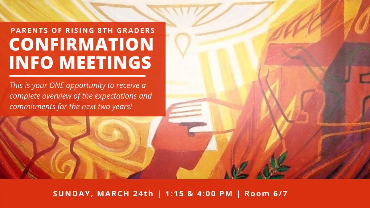 SPCPSR's tweet photo. ATTN: Parents of 8th Graders!  #Confirmation information meetings are THIS SUNDAY, March 24th. This is the one opportunity you will have to receive a thorough and complete overview of the expectations and commitments for your child's 8th &amp; 9th Grade years.
https://t.co/BQDcefNloh https://t.co/7XPgLBxRW5