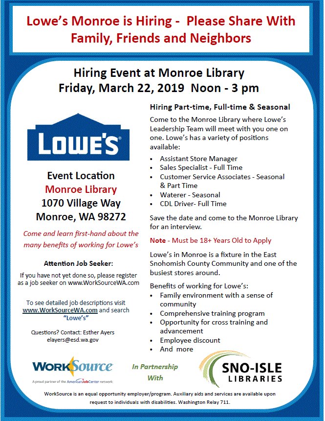 MonroeLowesHir1's tweet photo. Meet the "Lowe's of Monroe" Hiring Managers today at the library!  Check out a book and leave with a great job!
#lowes #monroe #retailjobs #monroejobs #duvall #snohomish #goldbar #sultan https://t.co/c648EFXoMm