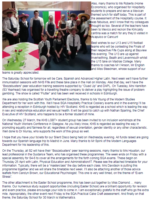 KirkcaldyHigh's tweet photo. Dear Parent/Carer/Innocent Bystander ... Please find attached the weekly bulletin from Kirkcaldy High School. This appears on our website https://t.co/lD1u6rbUzl as "The Rector's Log", and is emailed home weekly. Do have a lovely weekend. https://t.co/J33uvPVhK7