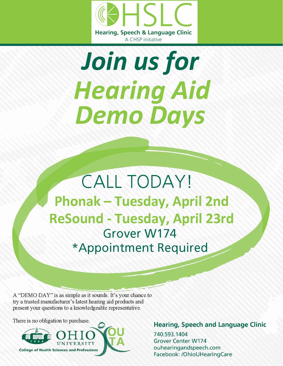 SAAOhioUni's tweet photo. Join us at the Hearing, Speech, and Language Clinic at Ohio University for Hearing Aid Demo Days on April 2nd and April 23rd! It’s your chance to try a trusted manufacturer’s latest hearing aid products. There is no obligation to purchase, call today at 740-593-1404! https://t.co/8iCJ2DrU6G