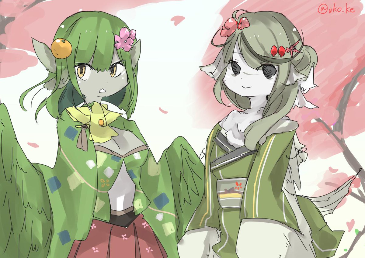 uko_ke's tweet photo. #人外版深夜の真剣お絵描き60分一本勝負 
 お題 「アナタが考える羽耳/翅耳の人外」 「桜から連想する人外」
メジロとウグイス https://t.co/IfUazrbbqw