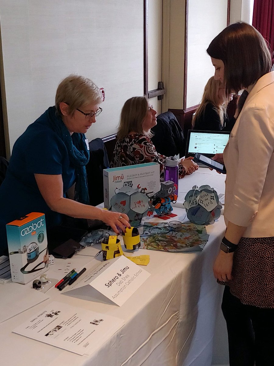 CathSchoolsDOB's tweet photo. Thank you @AssumptionFFLD and St. Mary School, Bethel for showcasing in the @FairfieldU #edtech19 Day! Teachers showed off student work with Jimu, Sphero and Ozobot robots, and Visual Literacy #technology, using Images to Inspire Creative Writing. #innovation @Diobpt @BptSup https://t.co/6ImyKkLXeT
