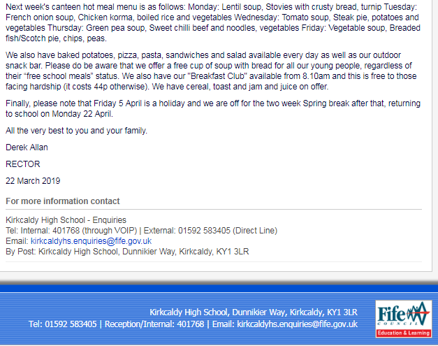 KirkcaldyHigh's tweet photo. Dear Parent/Carer/Innocent Bystander ... Please find attached the weekly bulletin from Kirkcaldy High School. This appears on our website https://t.co/lD1u6rbUzl as "The Rector's Log", and is emailed home weekly. Do have a lovely weekend. https://t.co/J33uvPVhK7