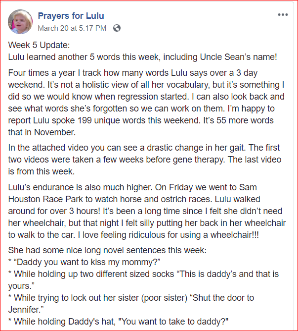 Gantosj's tweet photo. $SRPT &amp; Lysogene Gene-Therapy clinical trial in #Sanfilippo #MPS3A 
The mother share here daughter Lulu progress post GT treatment 

5 weeks after GT: Faster. Flat footed. Knee &amp; foot centered, More upright/not crounched
https://t.co/eAGKiktO0p https://t.co/IickDWShvc
