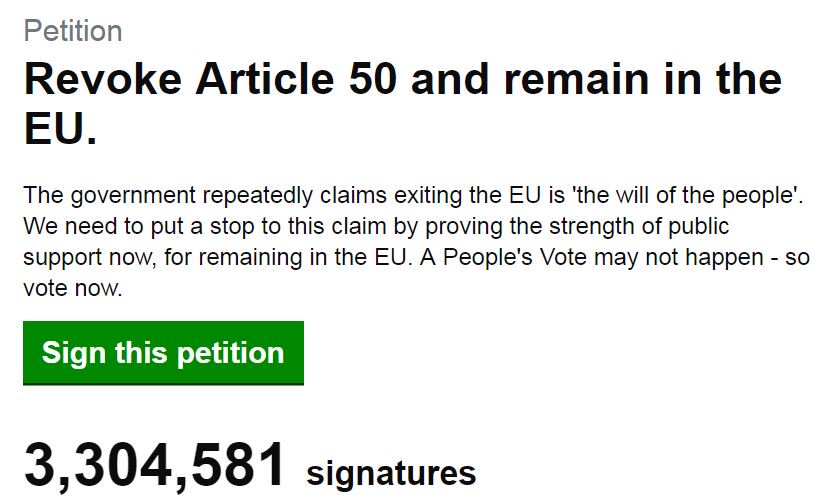 With no money behind us, with the site constantly crashing, organically, we have 3.3m signatures in 2 days. Three weeks til we leave. Let's get to 17.5 million. Revoke is for everyone. Sign the petition petition.parliament.uk/petitions/2415… Email your MP justmakeitstop.co.uk Please RT