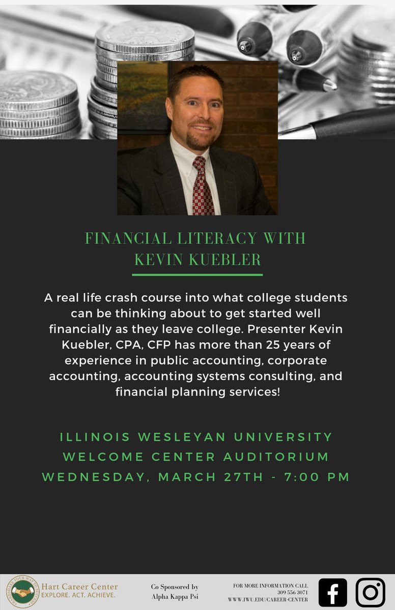 IWUCareerCenter's tweet photo. Our Financial Literacy Panel will be next Wednesday, 3/27! Help us welcome Kevin Kuebler as he shares insight into what college students can be getting started on financially and what to start thinking about as they leave college! This presentation is open to all students! https://t.co/VBD0nKsKSo
