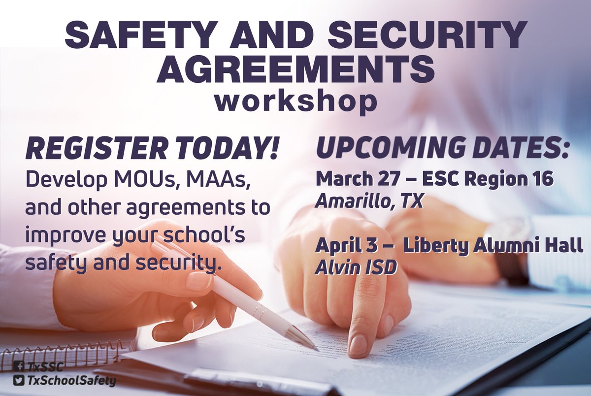 Seats are available in our Safety &amp; Security Agreements workshops on March 27 at <a href="/Region16ESC/">Region16</a> and April 3 in <a href="/AlvinISD/">Alvin ISD</a> Learn how having MOUs and other agreements in place before an emergency can help you improve #SchoolSafety. Visit ow.ly/o44U50nKxXn to register!