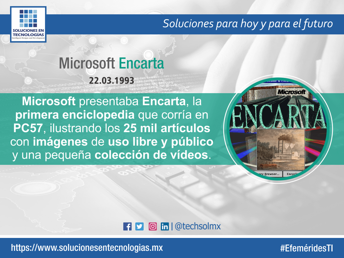 techsolmx's tweet photo. Un día como hoy (22/03/1993): Microsoft presentaba Encarta, la primera enciclopedia que corría en PC57, ilustrando los 25 mil artículos con imágenes de uso libre y público y una pequeña colección de vídeos. #EfeméridesTI #Microsoft #Encarta #PC57 https://t.co/0CrC3wF3xY https://t.co/oOcFBwL680