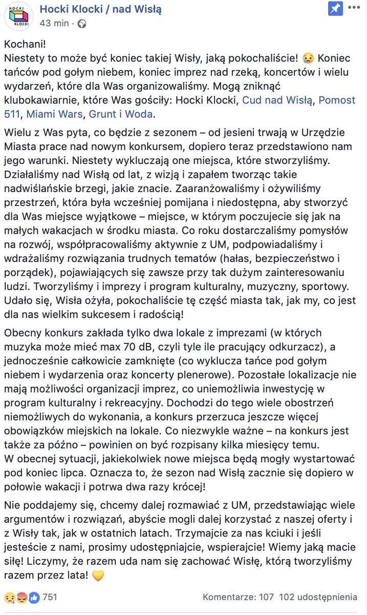 Koniec cudów nad Wisłą, które ubarwiały życie w Warszawie przez ostatnie lata. Dawno mnie żadna decyzja polityczna tak nie striggerowała. Szkoda.. 

#hockiklocki #gruntiwoda #pomost #cudnadwisła