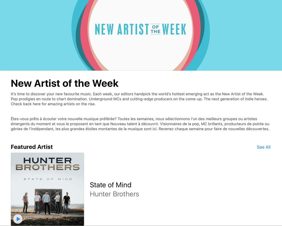 HunterBros's tweet photo. Thank you @AppleMusic for selecting us as New Artist of the Week!! What a huge honour! We truly appreciate all of your love and support. Go check out our new album #StateOfMind! 🍎🎶
👉👉👉 https://t.co/4FH7pA77HO
#NewArtistOfTheWeek #AppleMusic https://t.co/uE9cODAOLK