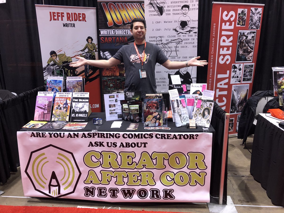 CAfterConN's tweet photo. Our first booth is up and running at #C2E2! Come by 162 in small press and find “better than average comics” from @cloudwrangler @JohnnyC138 and @PJAxel17 (Who’s waving at you!) https://t.co/ljI7TTQyS6