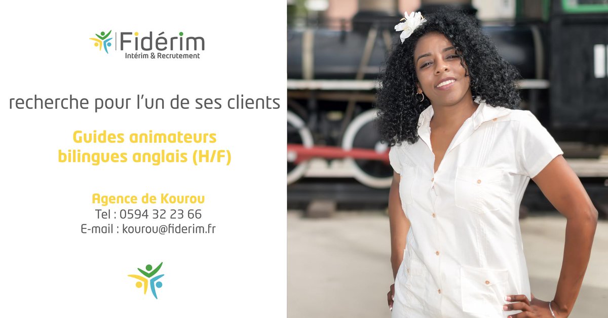 🔎 Notre agence Fidérim #Kourou recherche pour l’un de ses clients, des guides animateurs bilingues anglais (H/F). 
Découvrez l'offre ici ➡️ ow.ly/9rDL30o9uaN