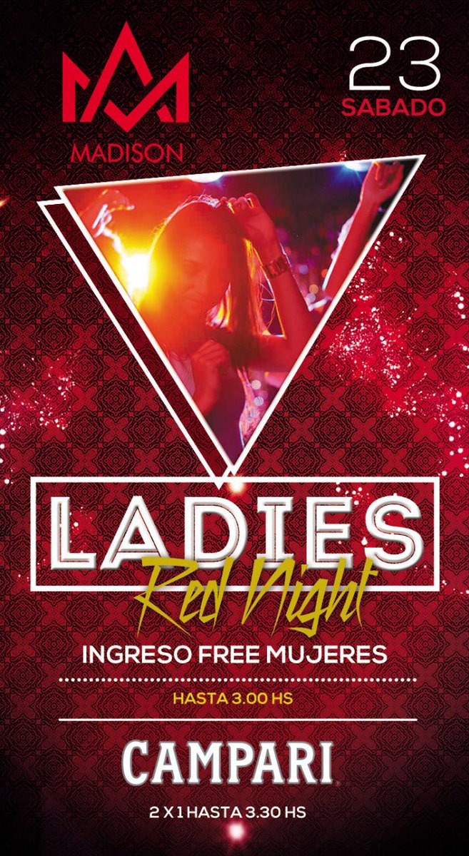 MadisonCampana's tweet photo. 🔸Sabado 23🔸
>>2 pistas [Cachengue y Electrónica]<<
•Mujeres Sin Cargo hasta 03:30
•2x1 en Campari 🍹 https://t.co/RnPFS0Okwq