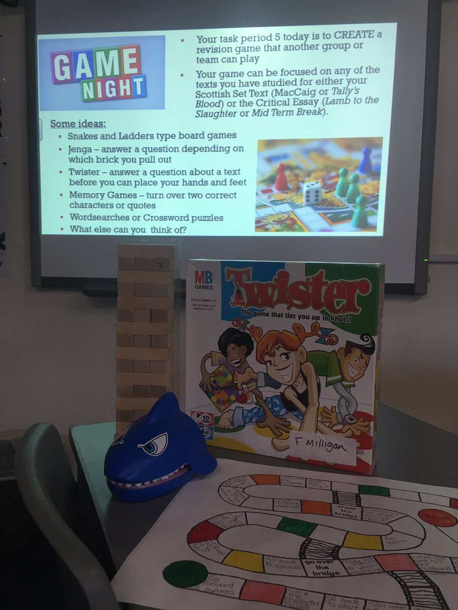 LHSEnglishDept's tweet photo. What a hoot!  Revision games for N5 this afternoon, “Tally’s Blood” Twister, Quotation Jenga, “Lamb to the Slaughter” Board Games and loads of word search competitiveness!   #ActiveLearning #RightHandGreen https://t.co/1b3dkpISTi