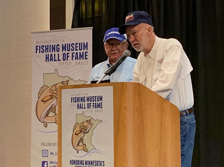 Gary Roach – aka Mr. Walleye – inducts friend Ron Hunter from Hunter’s Resort on Lake Winnibigoshish into the Minnesota Fishing Hall of Fame on Friday <a href="/NWSportshow/">Discover Boating Northwest Sportshow</a>. #NWSportshow