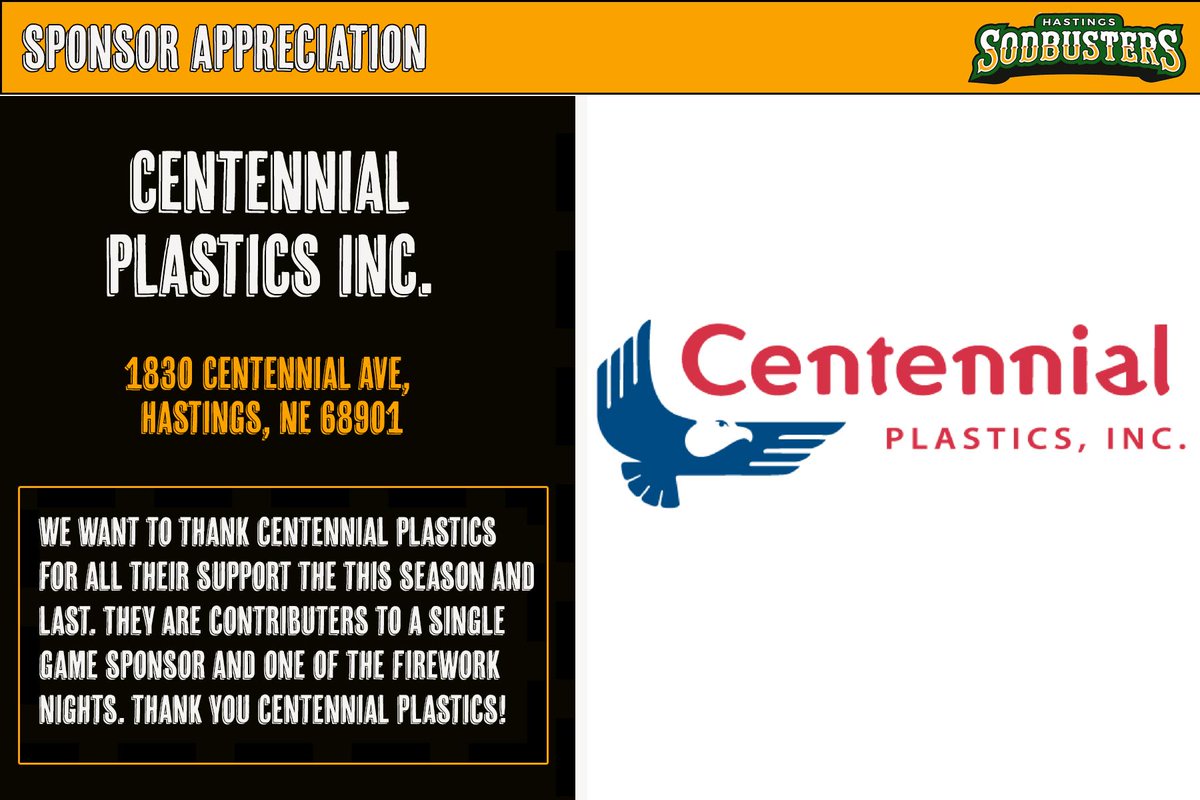 GoSodbusters's tweet photo. Last Partnership for the week! #5
We thank and honor Centennial Plastics on this beautiful Friday. They have been a contributor to our firework nights this year and last and for that we can't thank them enough!
Check them out at https://t.co/U61nPxKdGk!
#GoSodbusters https://t.co/o4M2H8XmOR