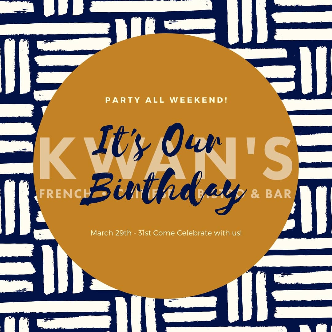 Come celebrate with us!
March 29th - 31st we are celebrating our birthday.
Specials and giveaways
Live music
Special Sunday at 6pm. Chinese Dragon Dance.  Reserve your table today.  @ Kwan's Kitchen