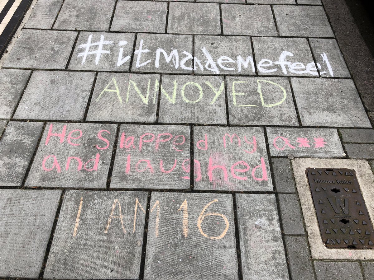 EmmaLNye's tweet photo. Just seen another of the @itmademefeel / @LamYouthCouncil street graffiti artwork where young people share their experiences of sexual harassment. Powerful words. It reads: #itmademefeel ANNOYED He slapped my a** and laughed I AM 16 https://t.co/LPklS5S2rH