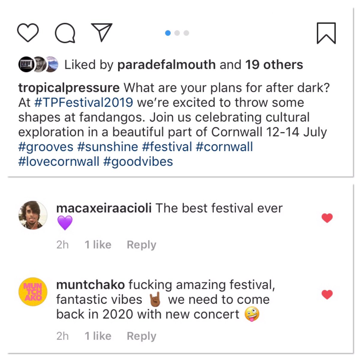 We love our little home grown grassroots festival in Cornwall but sometimes hearing what other people have to say about it helps make a decision. Truly lovely feedback from <a href="/muntchako/">Muntchako</a> and a festival goer! Join the fun tropicalpressure.co.uk/buy-tickets