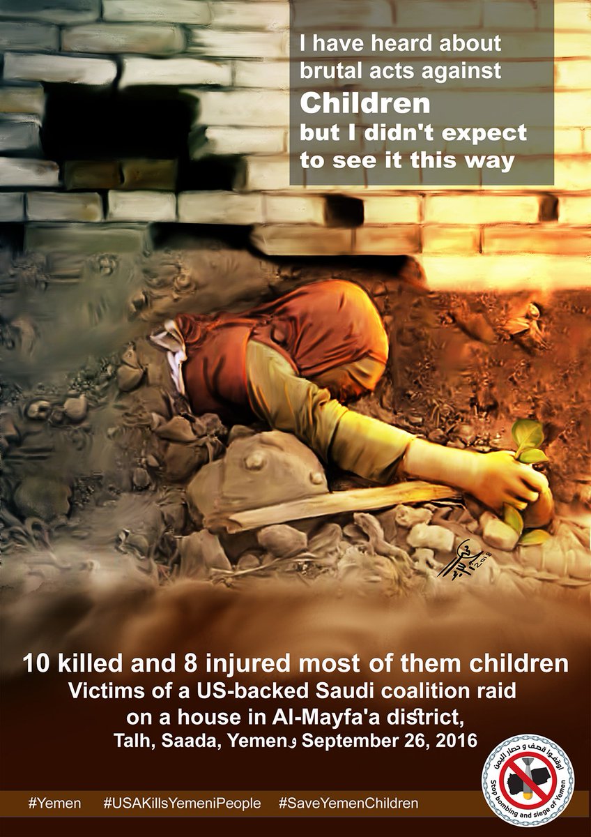 FdAERM5o7KxGusN's tweet photo. I have heard about brutal against children but I didn't expect to see it this way 
10 killed and 8 injured most of  them children
Victims of a US-backed Saudi coalition raid on a house in Saada #4YearsOfUSWarOnYemen https://t.co/9WMTO3rA6T