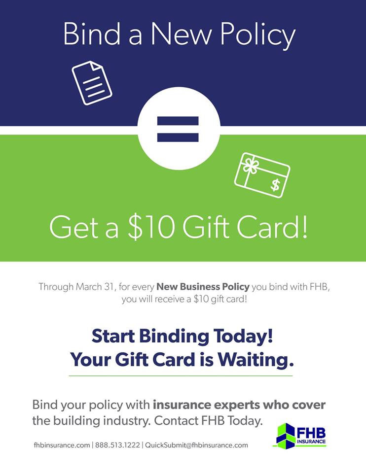 FHBInsurance's tweet image. DON'T WAIT! Through March 31, for every new business policy you bind with FHB, you will receive a $10 gift card!