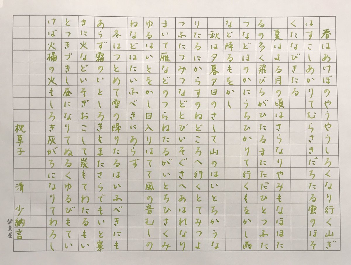 驪猫トム Kuronekotom 枕草子 冒頭の部分 二回練習して三回目に清書 つっかえなかった と思う ペン パイロット カスタムヘリテイジ91 インク パイロット 色彩雫 竹林 ペーパー 伊藤屋 オリジナル原稿用紙111 万年筆 手書きツイート じゃ