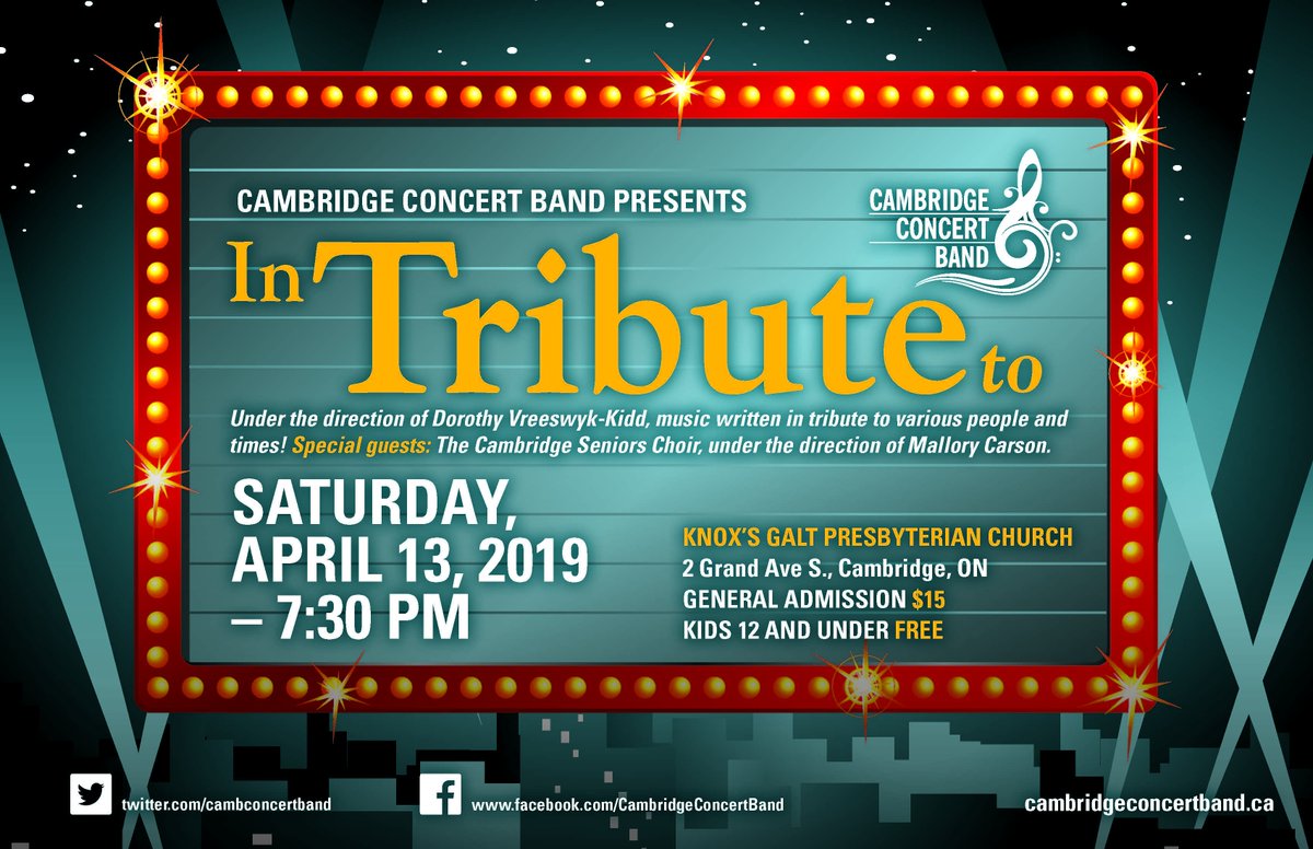 CambConcertBand's tweet photo. Please join us for an evening of instrumental and choral music with our special guests The Cambridge Seniors Choir under the direction of Mallory Carson
Sat 13th April 2019,7.30pm
Location:Knox’s Galt Presbyterian Church, Cambridge, ON
Tickets are $15 for adults and Children FREE https://t.co/sLj3fM4ILK