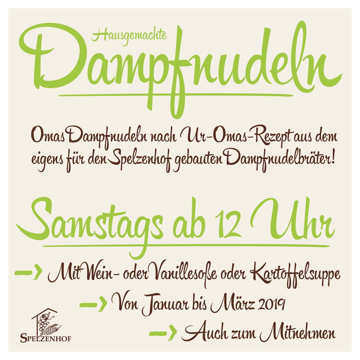 Spelzenhof's tweet photo. ☝🏼 Achtung! Morgen gibt es zum Vorletzten Mal Dampfnudeln! Wie immer ab 12 Uhr! https://t.co/XKASFo2pPy