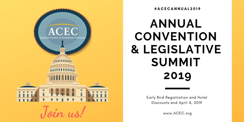 ACECOKLAHOMA's tweet photo. We’re just a few weeks away from ACEC’s 2019 Annual Convention and Legislative Summit, May 5-8 at the Marriott Wardman Park in Washington, DC. Make sure that you don’t miss the April 4th deadline for the Early Bird registration and Hotel Discounts. Go to https://t.co/lTHRGhPCg8 https://t.co/9rbuETx6rS