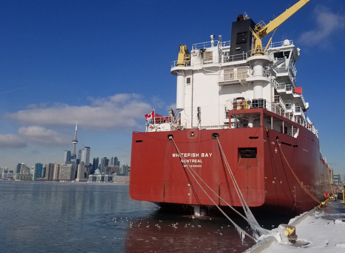 TOPortAuthority's tweet photo. Canadian Steamship Line’s MV Whitefish Bay laid up for the winter in the Port of Toronto. Can you see the pintail ducks around the bubbled water at the ship’s stern? #FreighterFriday #BoatNerd #WinterLayup https://t.co/VT7Thb9OLd