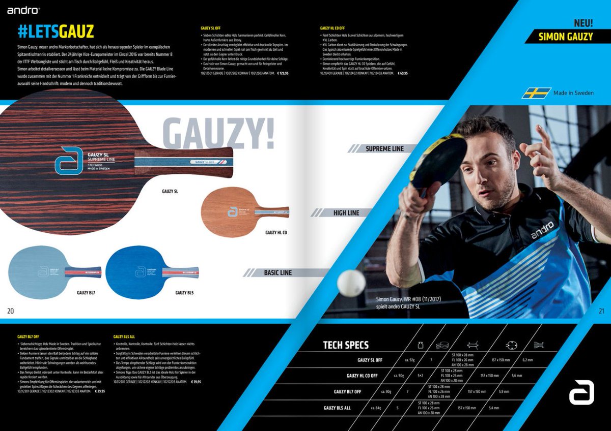 spinnier_com's tweet photo. Andro Gauzy blades series made in Sweden and other novelties are included in andro Workbook 19/20:
https://t.co/zGqswxRzqJ
#androTableTennis #performancetabletennis #androTT #androProTeam #LetsGauz #GauzySLoff #GauzyHLCOoff #GauzyBL7off #GauzyBL5all #SpinIsNothingWithoutControl https://t.co/h58cCxOOkE