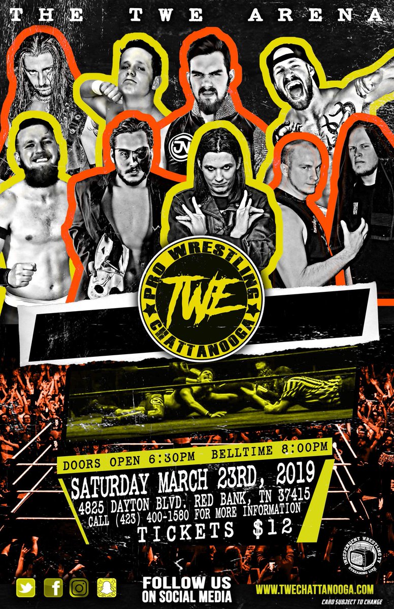 TWE_Chattanooga's tweet photo. ๐ This Saturday March 23rd, 2019
๐ TWE Arena in Red Bank TN
๐ 8:00PM PM Bell Time - Doors 6:30PM EST
๐ซTickets $12
๐จMATCHES ANNOUNCED๐จ
@RayRayfury1985 vs @SladePorter
@Alan_Angels_ vs @Courage_defined
@Takuri_Lucha vs @Jaden4Real
AND MUCH MORE!
#TWEChattanooga https://t.co/jQ5vVbf0EJ