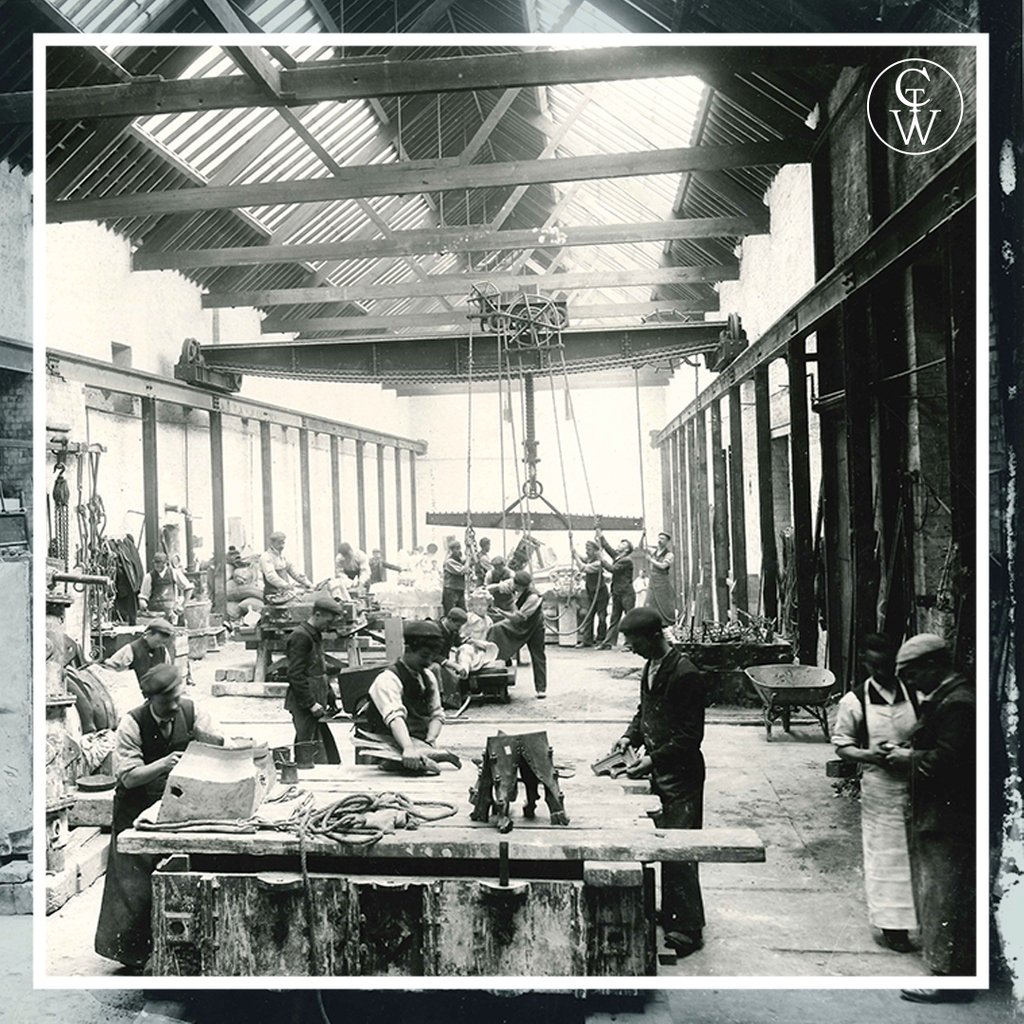 Amazing image of the main sand foundry at Singer &amp; Sons,  showing the heavy duty gantry crane and sand moulds.  Anyone in this picture seem familiar? We would love to hear from anyone whose relatives may have worked for Singer &amp; Sons, or have a connection to the foundry. #Frome