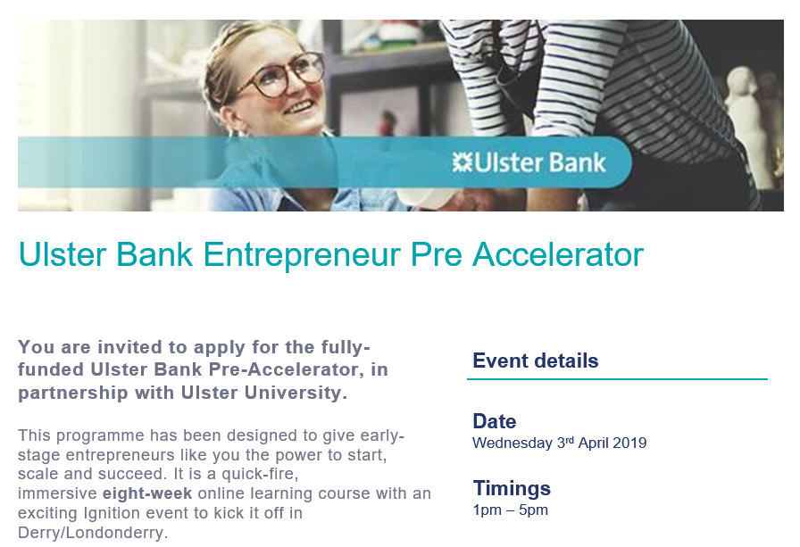 uuenterprisehub's tweet photo. 🚨We are super exited to be working with @UlsterBankNI to bring their Pre-Accelerator to @UlsterUni #MageeCampus on 3rd April📅Open to anyone in Derry/Londonderry who wishes to validate &amp; test their business idea. 

📌Get more info &amp; register here: https://t.co/fQJSx961qo https://t.co/ieQlZpaVmr