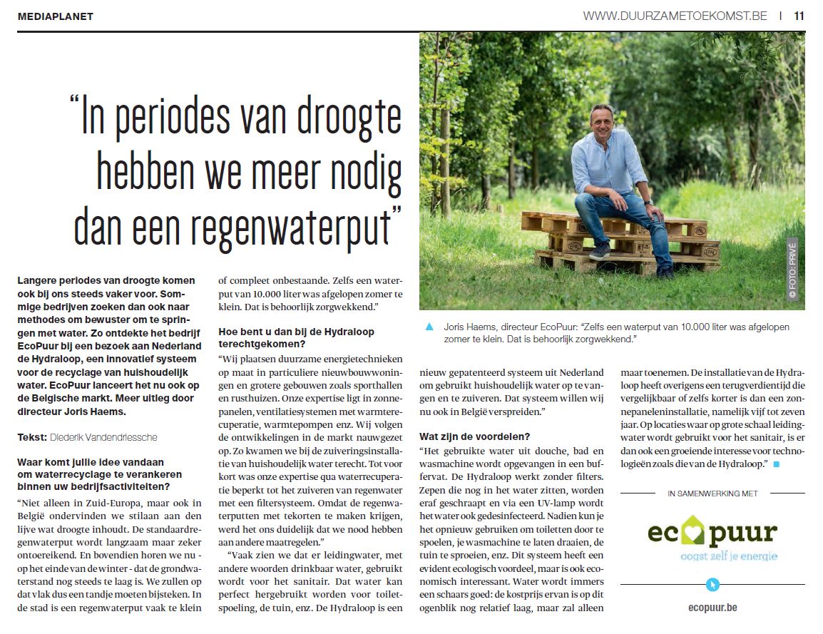 Vandaag in de Water bijlage van <a href="/destandaard/">De Standaard</a> een interview met Joris Haems over de groeiende nood om bewuster om te springen met water. #waterrecyclage van #badwater #douchewater met <a href="/hydraloop/">Hydraloop - Use Water Twice</a> bit.ly/2YcNsbP