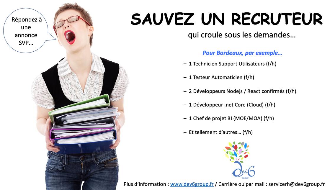 Dev6Group's tweet photo. On a besoin de vous... Partagez, likez, twittez, poucez, commentez ;)
Plus d’info sur nos postes : https://t.co/TQvFZDNJEz
#IT, #Emploi, #Bordeaux, #Jobs, #ESN, #dev6group ! https://t.co/ejXeJ06gxq